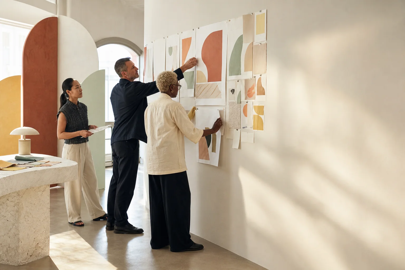 Brand strategists sequencing a market launch in a bright studio